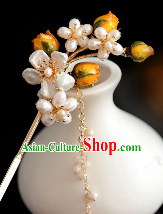 Chinese Handmade Ming Dynasty Princess Orange Flower Pearls Hairpins Ancient Hanfu Hair Accessories for Women