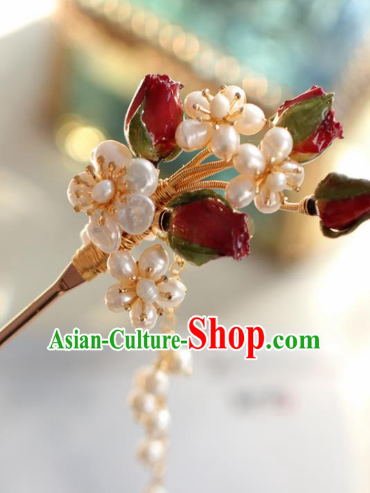 Chinese Handmade Ming Dynasty Princess Red Flower Pearls Hairpins Ancient Hanfu Hair Accessories for Women