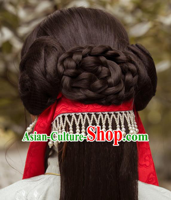 Chinese Traditional Hanfu Ming Dynasty Red Ribbon Headband Handmade Ancient Princess Hair Accessories for Women