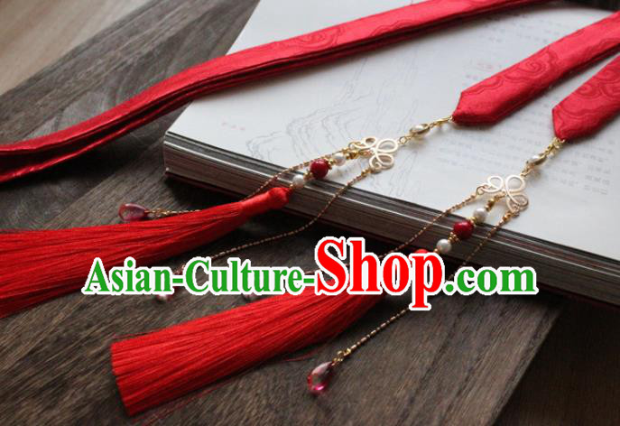 Chinese Traditional Hanfu Ming Dynasty Red Ribbon Tassel Headband Handmade Ancient Princess Hair Accessories for Women