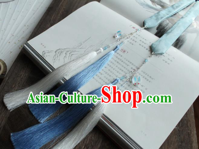 Chinese Traditional Hanfu Ming Dynasty Blue Ribbon Tassel Headband Handmade Ancient Princess Hair Accessories for Women