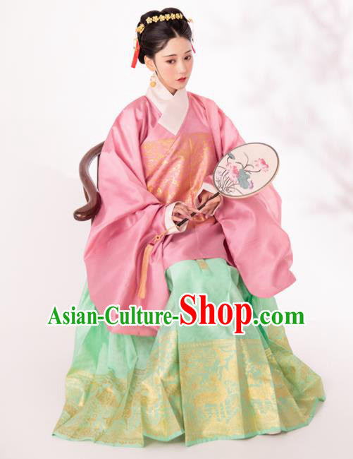 Traditional Chinese Ming Dynasty Royal Infanta Pink Blouse and Green Skirt Ancient Nobility Lady Historical Costumes for Women