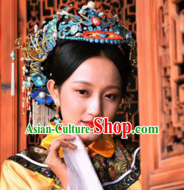 Chinese Handmade Qing Dynasty Manchu Cloisonne Phoenix Hairpins Hat Ancient Imperial Consort Hair Accessories for Women