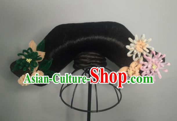 Chinese Traditional Hanfu Qing Dynasty Court Lady Wigs and Velvet Flowers Hairpins Handmade Ancient Imperial Consort Hair Accessories for Women