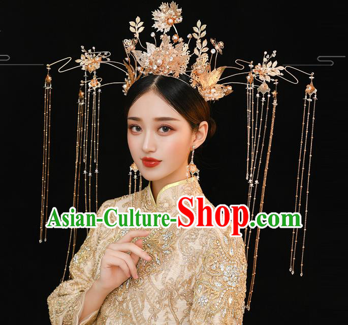 Traditional Chinese Handmade Wedding Golden Leaf Tassel Phoenix Coronet Ancient Bride Hair Accessories for Women