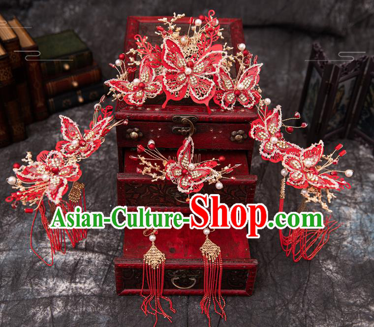 Traditional Chinese Handmade Wedding Red Butterfly Hairpins Phoenix Coronet Ancient Bride Hair Accessories for Women