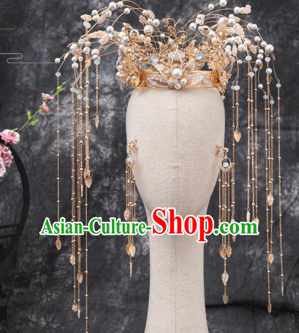 Traditional Chinese Handmade Hairpins Golden Lotus Phoenix Coronet Ancient Bride Hair Accessories for Women