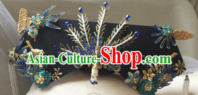 Chinese Handmade Qing Dynasty Cloisonne Phoenix Hairpins Hat Ancient Manchu Imperial Consort Hair Accessories for Women