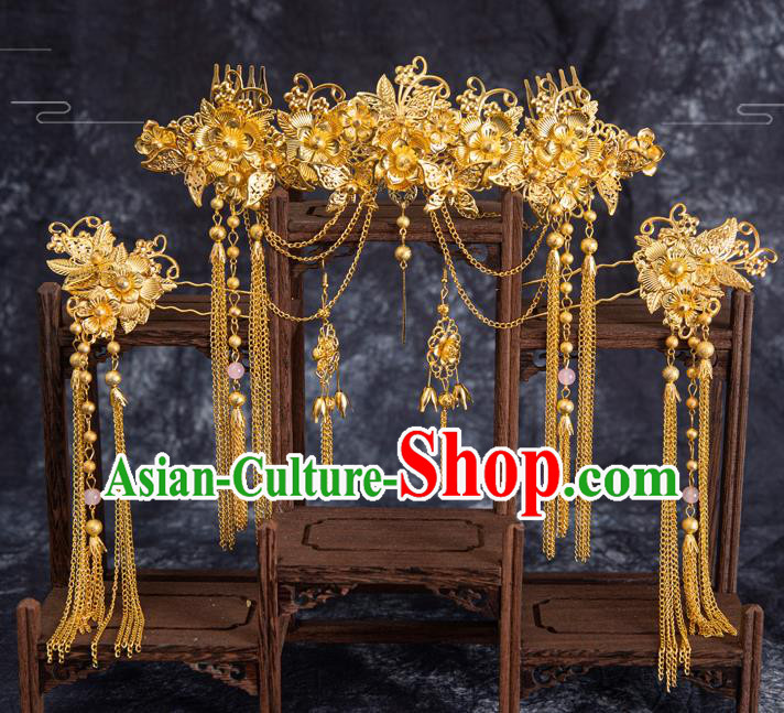Traditional Chinese Handmade Hairpins Golden Hair Comb Ancient Bride Hair Accessories for Women