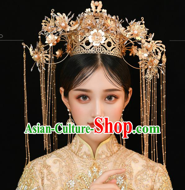 Traditional Chinese Handmade Golden Tassel Hair Crown Hairpins Ancient Bride Hair Accessories for Women