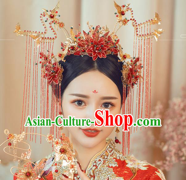 Traditional Chinese Handmade Red Flowers Phoenix Crown Hairpins Ancient Bride Hair Accessories for Women