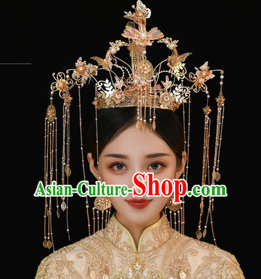 Traditional Chinese Handmade Golden Phoenix Crown Hairpins Ancient Bride Hair Accessories for Women