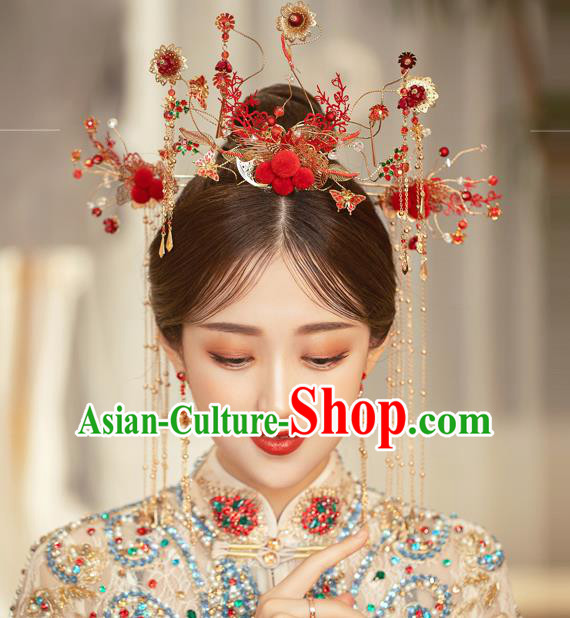 Traditional Chinese Handmade Red Phoenix Crown Hairpins Ancient Bride Hair Accessories for Women