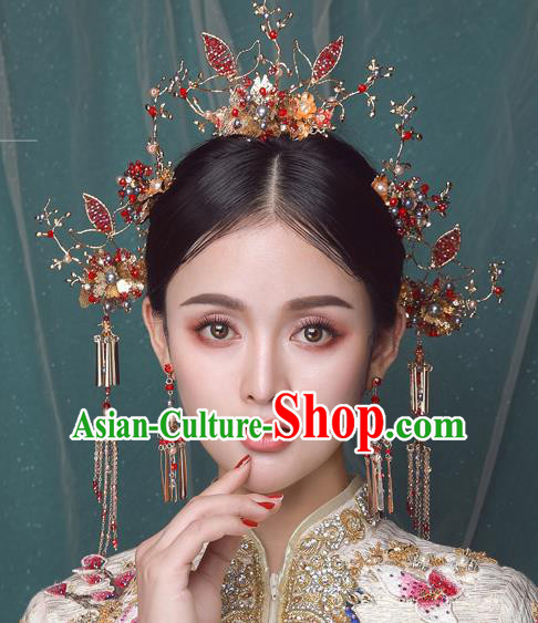 Traditional Chinese Wedding Red Beads Leaf Phoenix Coronet Hairpins Handmade Ancient Bride Hair Accessories for Women