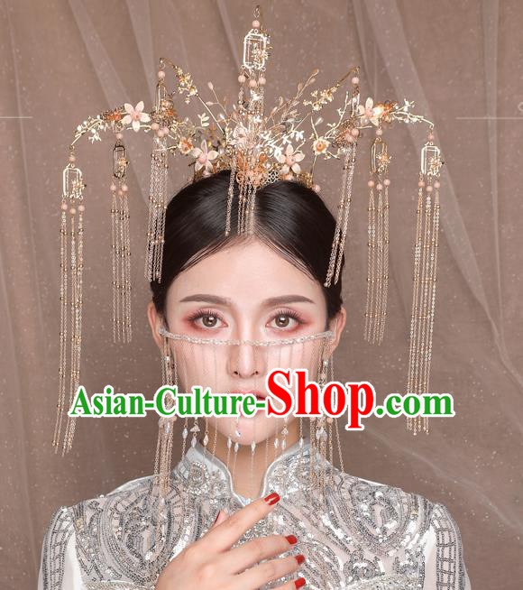 Traditional Chinese Wedding Golden Crane Phoenix Coronet Hairpins Handmade Ancient Bride Hair Accessories for Women