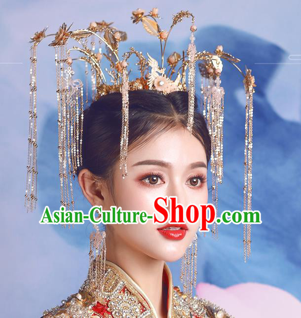 Traditional Chinese Wedding Luxury Golden Phoenix Coronet Hairpins Handmade Ancient Bride Hair Accessories for Women