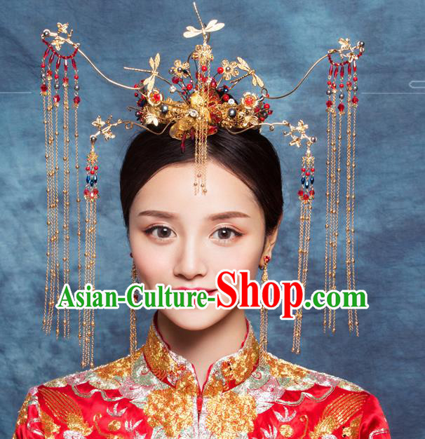 Traditional Chinese Wedding Luxury Dragonfly Phoenix Coronet Hairpins Handmade Ancient Bride Hair Accessories for Women