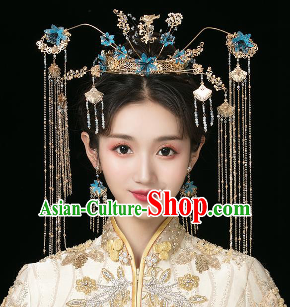 Traditional Chinese Wedding Blue Flowers Phoenix Coronet Hairpins Handmade Ancient Bride Hair Accessories for Women