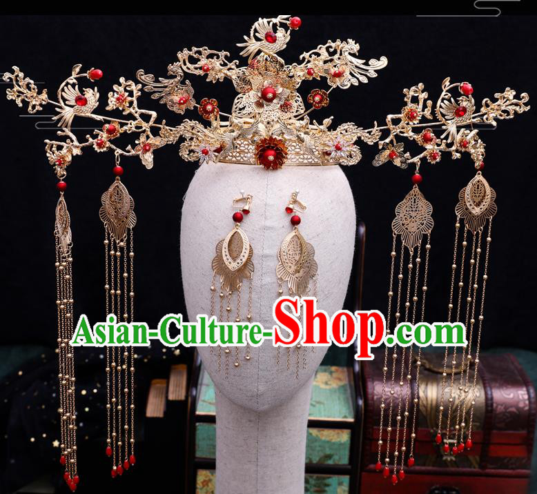 Traditional Chinese Wedding Golden Birds Phoenix Coronet Hairpins Handmade Ancient Bride Hair Accessories for Women