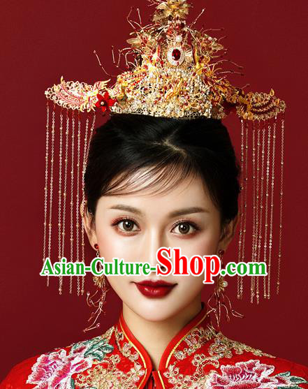Traditional Chinese Wedding Luxury Red Gem Phoenix Coronet Hairpins Handmade Ancient Bride Hair Accessories for Women