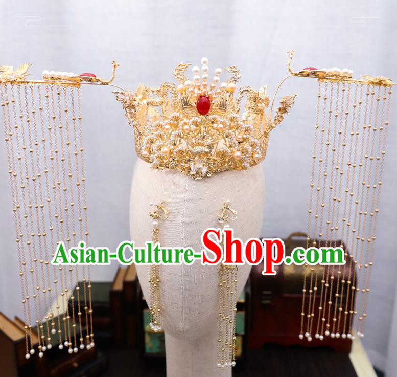 Traditional Chinese Wedding Golden Pine Phoenix Coronet Hairpins Handmade Ancient Bride Hair Accessories for Women