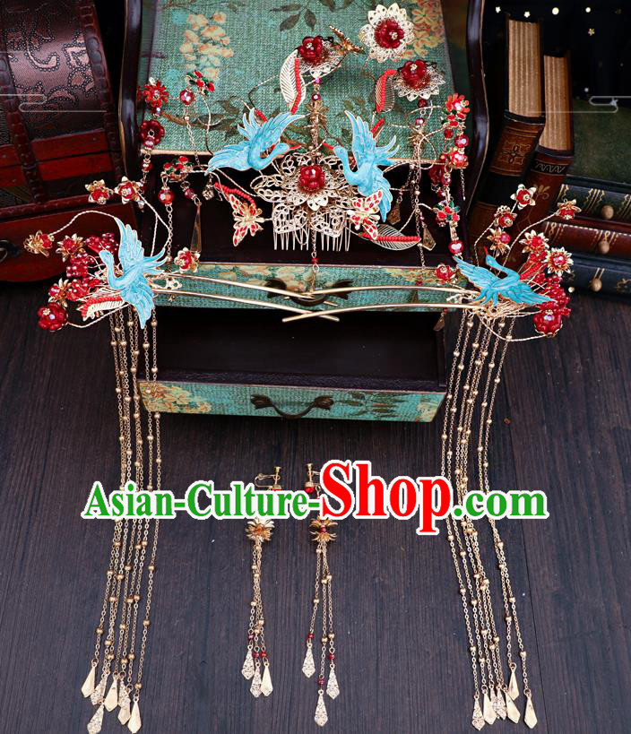 Traditional Chinese Wedding Blue Cranes Phoenix Coronet Hairpins Handmade Ancient Bride Hair Accessories for Women