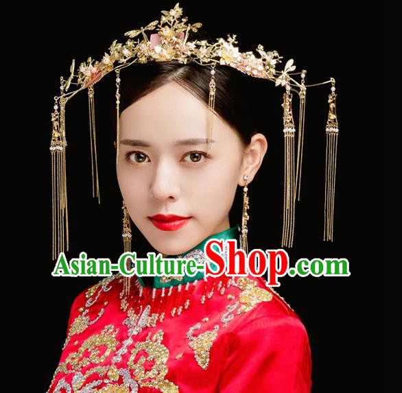 Traditional Chinese Wedding Golden Dragonfly Phoenix Coronet Hairpins Handmade Ancient Bride Hair Accessories for Women