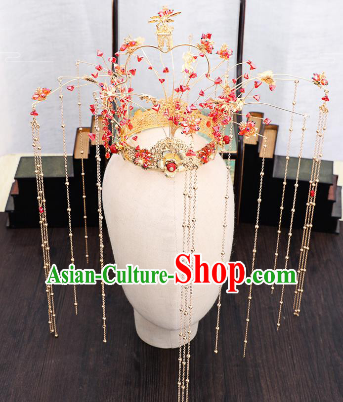 Traditional Chinese Wedding Red Beads Phoenix Coronet Hairpins Handmade Ancient Bride Hair Accessories for Women