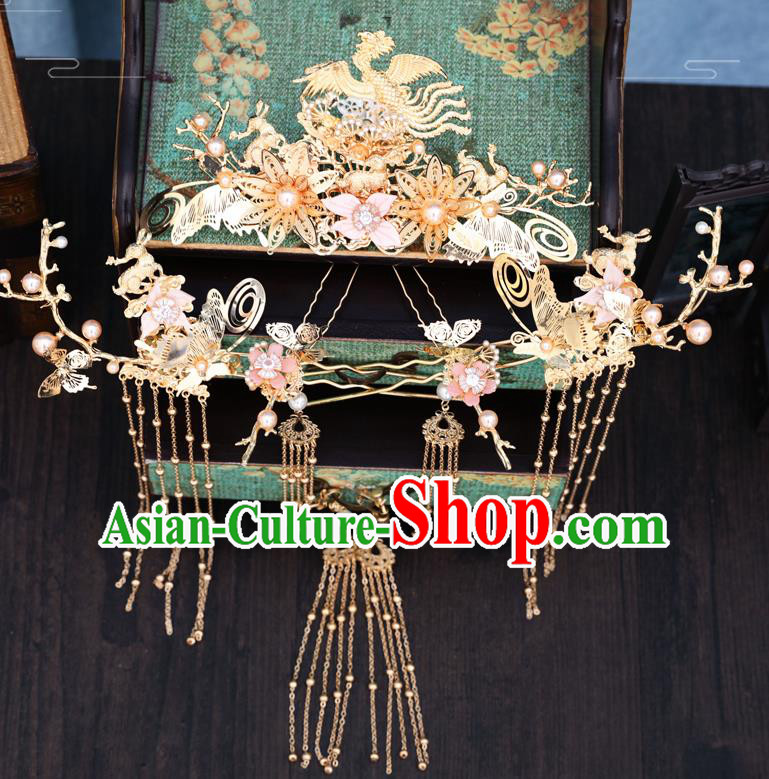 Traditional Chinese Wedding Golden Phoenix Hair Comb Hairpins Handmade Ancient Bride Hair Accessories for Women