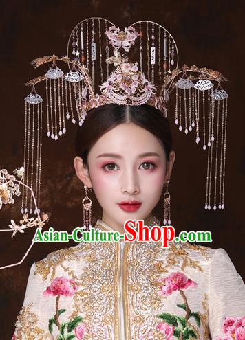 Traditional Chinese Wedding Purple Butterfly Phoenix Coronet Hairpins Handmade Ancient Bride Hair Accessories for Women