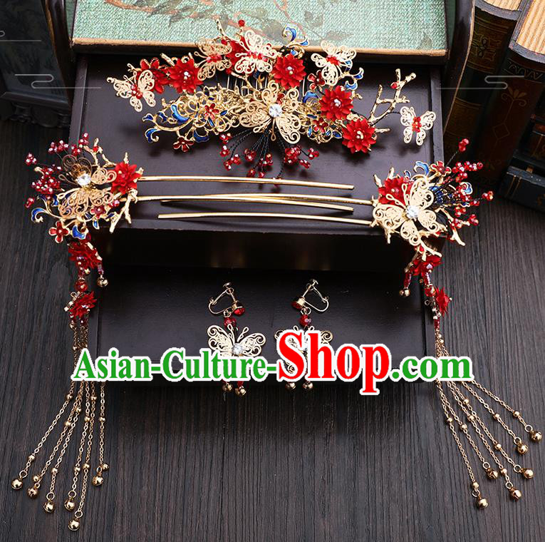 Traditional Chinese Wedding Red Flowers Hair Comb Hairpins Handmade Ancient Bride Hair Accessories for Women