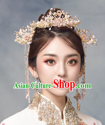 Traditional Chinese Wedding Pink Beads Hair Comb Hairpins Handmade Ancient Bride Hair Accessories for Women