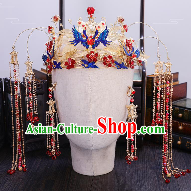 Traditional Chinese Wedding Blueing Crane Phoenix Coronet Hairpins Handmade Ancient Bride Hair Accessories for Women