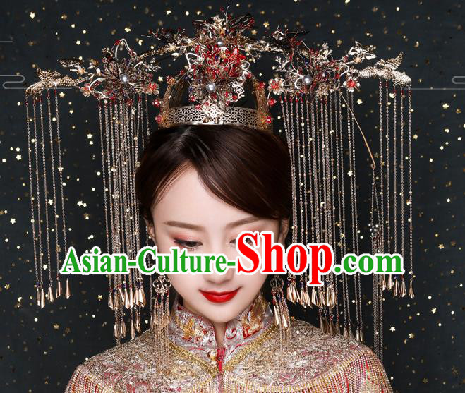 Traditional Chinese Handmade Golden Crown Chaplet Hairpins Ancient Bride Hair Accessories for Women