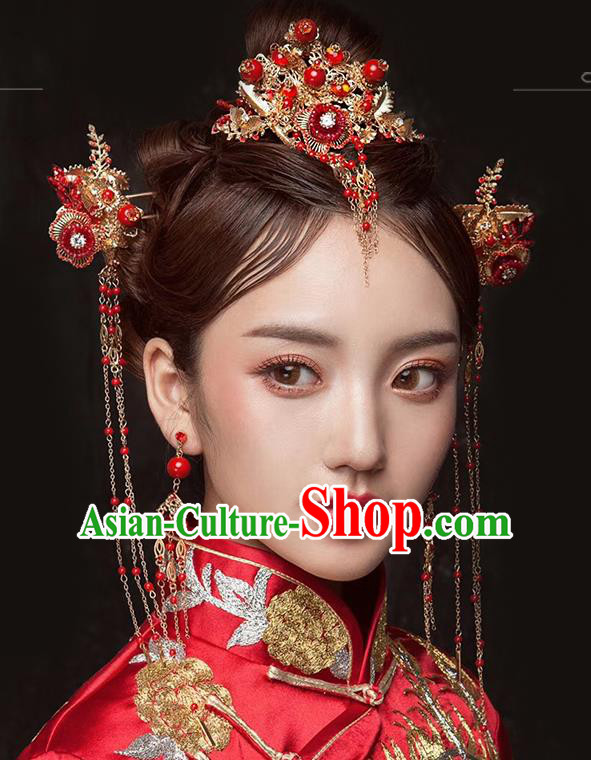 Traditional Chinese Wedding Red Beads Hair Comb Tassel Hairpins Handmade Ancient Bride Hair Accessories for Women