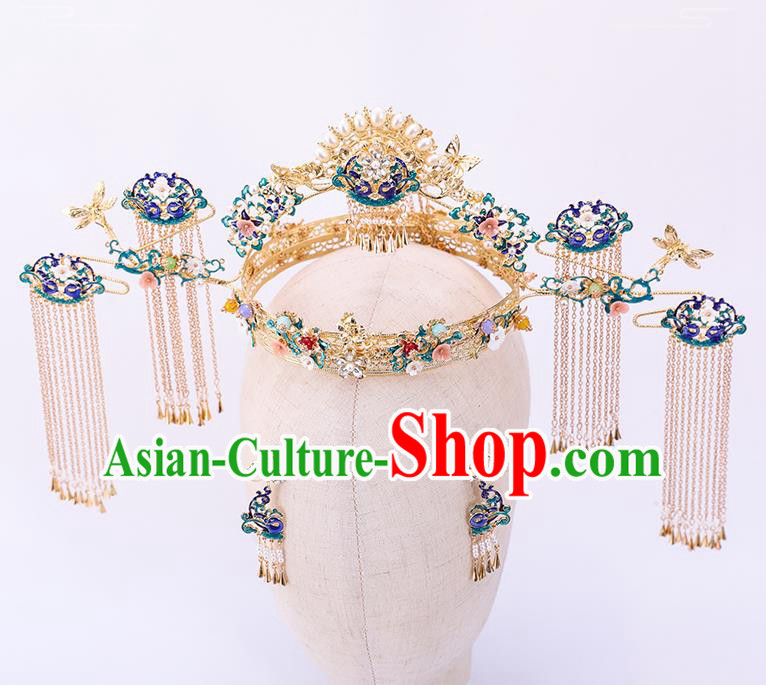 Traditional Chinese Wedding Cloisonne Phoenix Coronet Hairpins Handmade Ancient Bride Hair Accessories for Women
