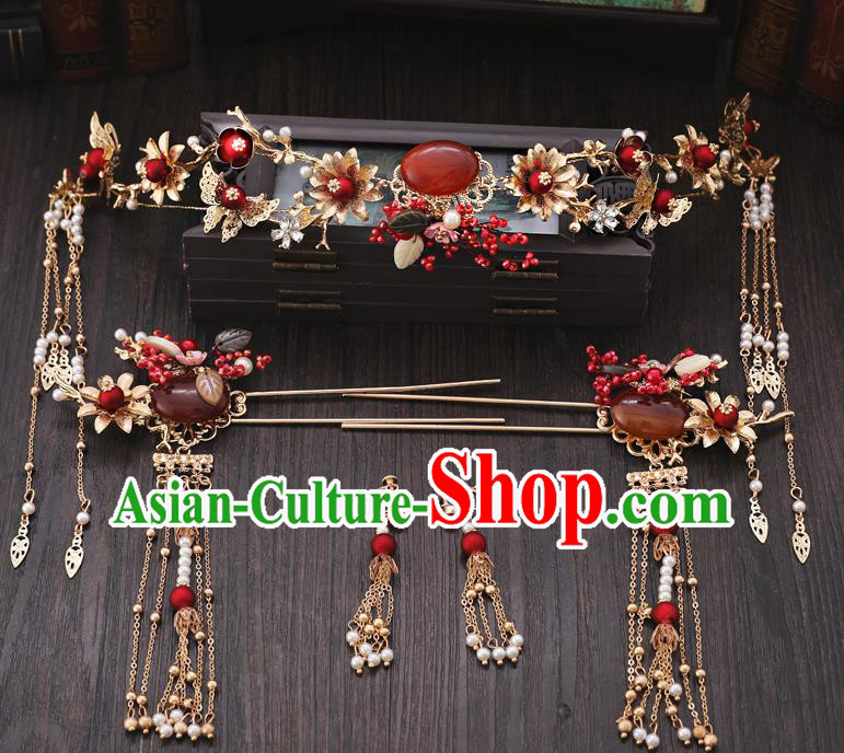 Traditional Chinese Wedding Agate Hair Clasp Tassel Hairpins Handmade Ancient Bride Hair Accessories for Women