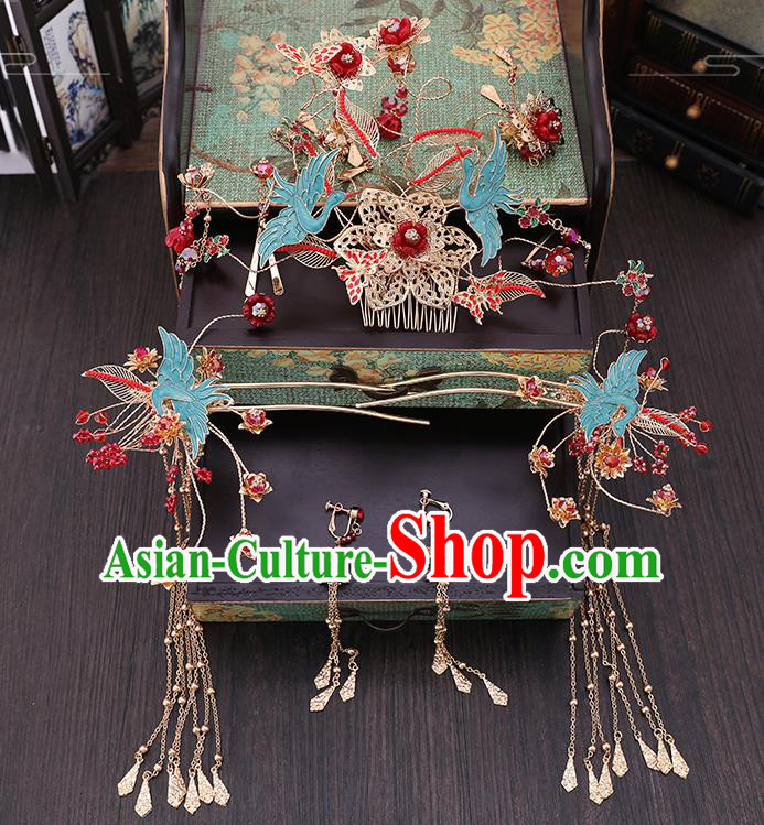 Traditional Chinese Wedding Crane Hair Comb Tassel Hairpins Handmade Ancient Bride Hair Accessories for Women