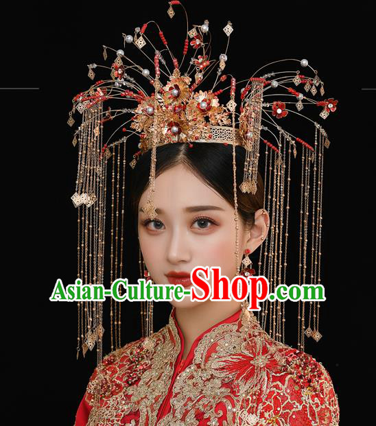 Traditional Chinese Handmade Red Beads Hair Crown Chaplet Hairpins Ancient Bride Hair Accessories for Women