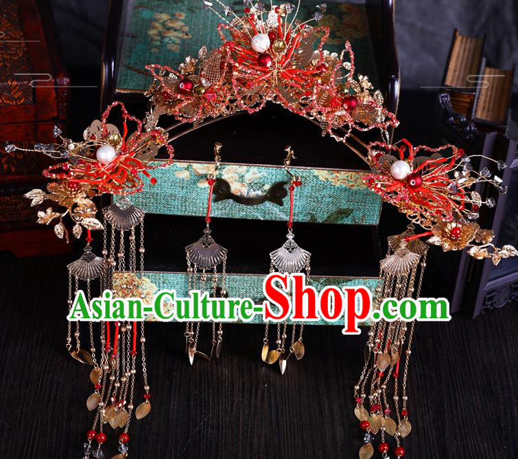 Traditional Chinese Handmade Red Butterfly Hair Crown Chaplet Hairpins Ancient Bride Hair Accessories for Women