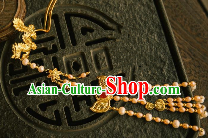 Chinese Traditional Tang Dynasty Court Pearls Tassel Golden Dragon Hairpins Handmade Ancient Royal Empress Hair Accessories for Women