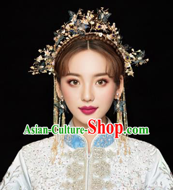 Traditional Chinese Wedding Blue Butterfly Hair Crown Hairpins Handmade Ancient Bride Hair Accessories for Women