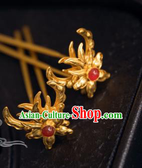 Chinese Traditional Tang Dynasty Court Agate Golden Hairpins Handmade Ancient Royal Empress Hair Accessories for Women