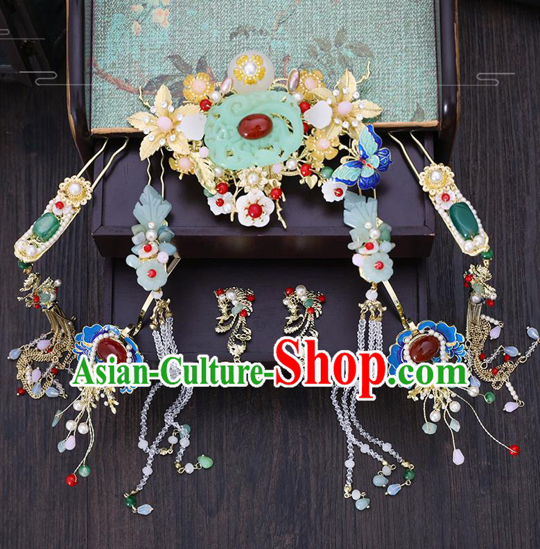 Traditional Chinese Wedding Jade Hair Combs Tassel Hairpins Handmade Ancient Bride Hair Accessories for Women