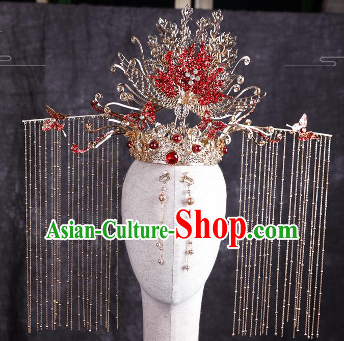 Traditional Chinese Handmade Red Crystal Butterfly Hair Crown Chaplet Hairpins Ancient Bride Hair Accessories for Women
