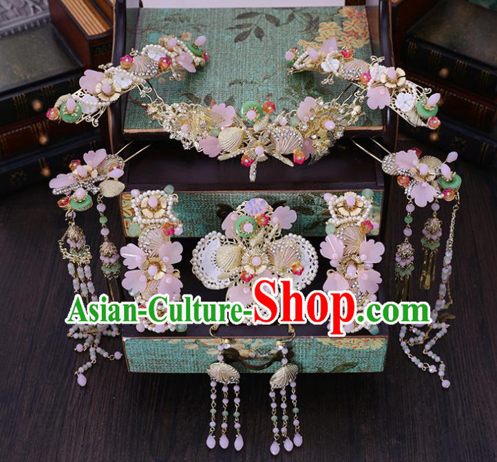 Traditional Chinese Wedding Pink Flowers Hair Combs Tassel Hairpins Handmade Ancient Bride Hair Accessories for Women