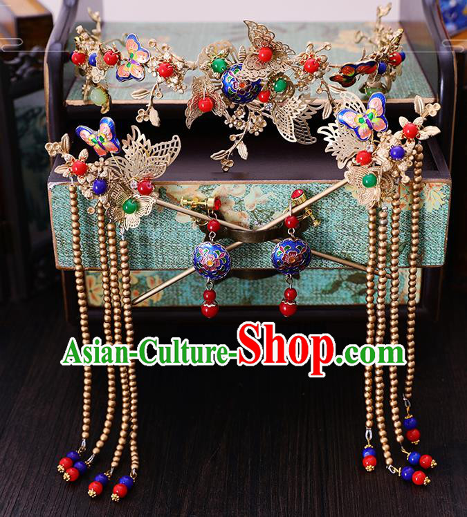 Traditional Chinese Wedding Cloisonne Butterfly Hair Clasp Tassel Hairpins Handmade Ancient Bride Hair Accessories for Women