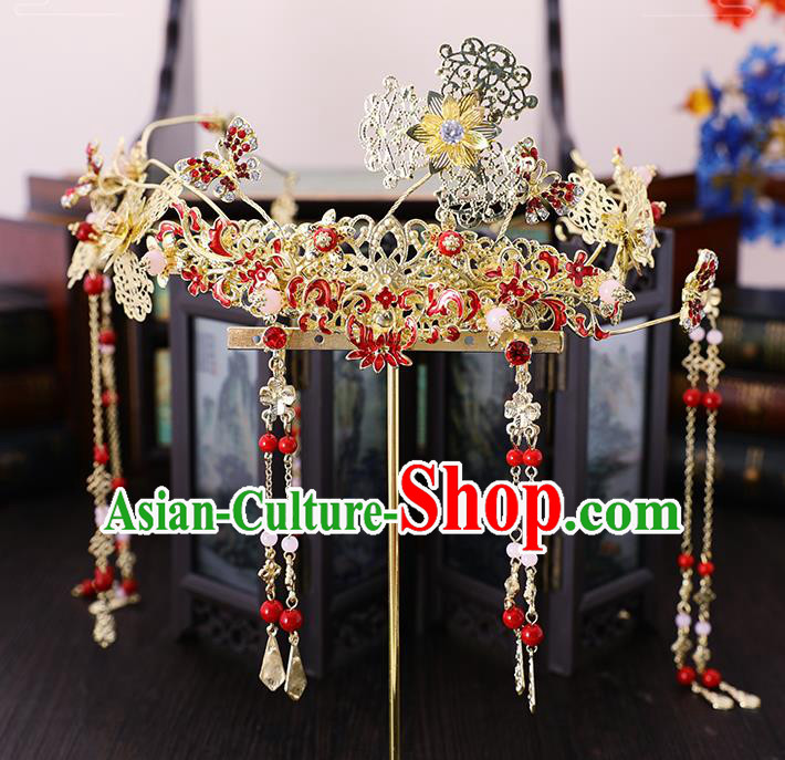 Traditional Chinese Wedding Cloisonne Red Lotus Hair Crown Tassel Hairpins Handmade Ancient Bride Hair Accessories for Women