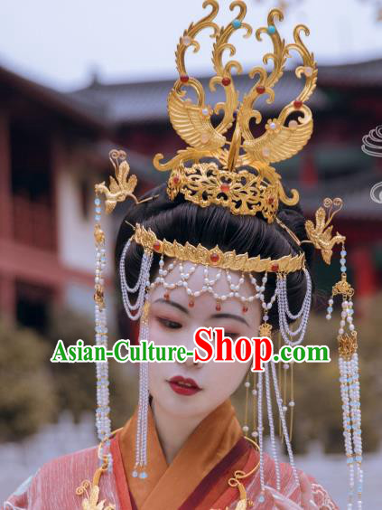 Traditional Chinese Tang Dynasty Empress Golden Phoenix Coronet Hairpins Handmade Ancient Queen Hair Accessories for Women