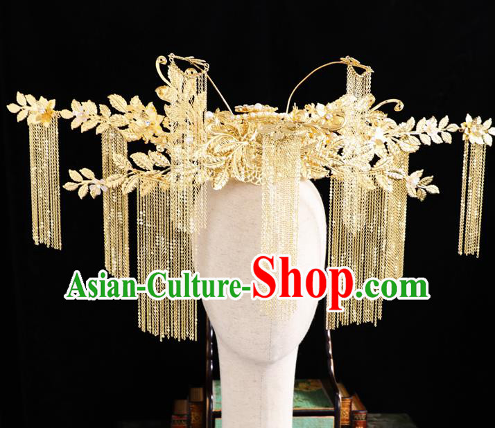 Traditional Chinese Handmade Golden Tassel Chaplet Hair Crown Hairpins Ancient Bride Hair Accessories for Women